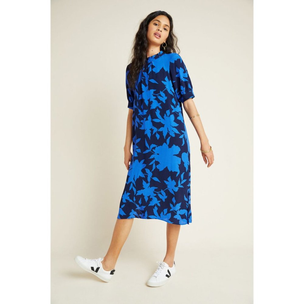 Anthropologie Blue Floral Navy Midi Dress